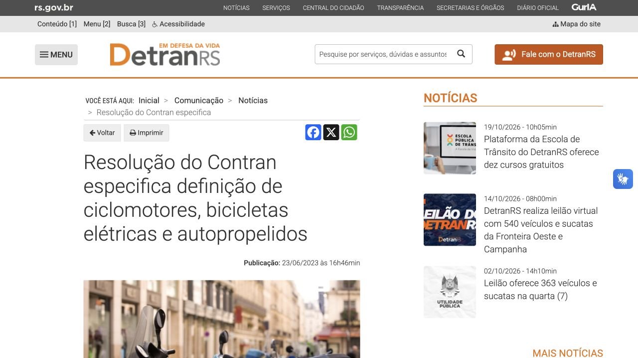 Publicação oficial do DetranRS sobre a resolução federal do Contran que diferencia bicicletas elétricas, ciclomotores e autopropelidos.